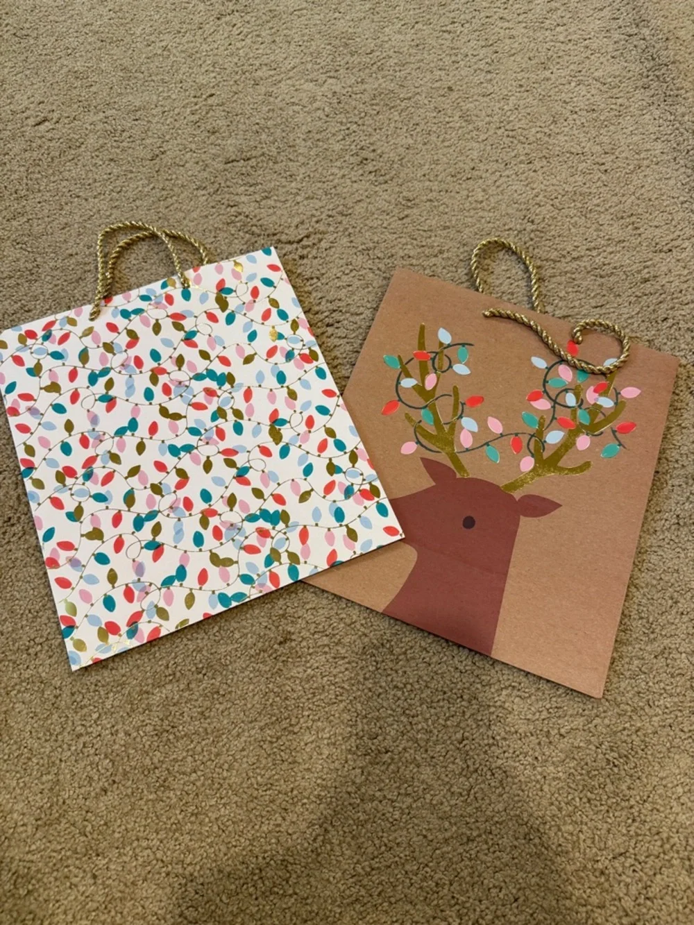 Cost Plus World Market Brown Kraft Reindeer & Multi-Color Lights Gift Bags